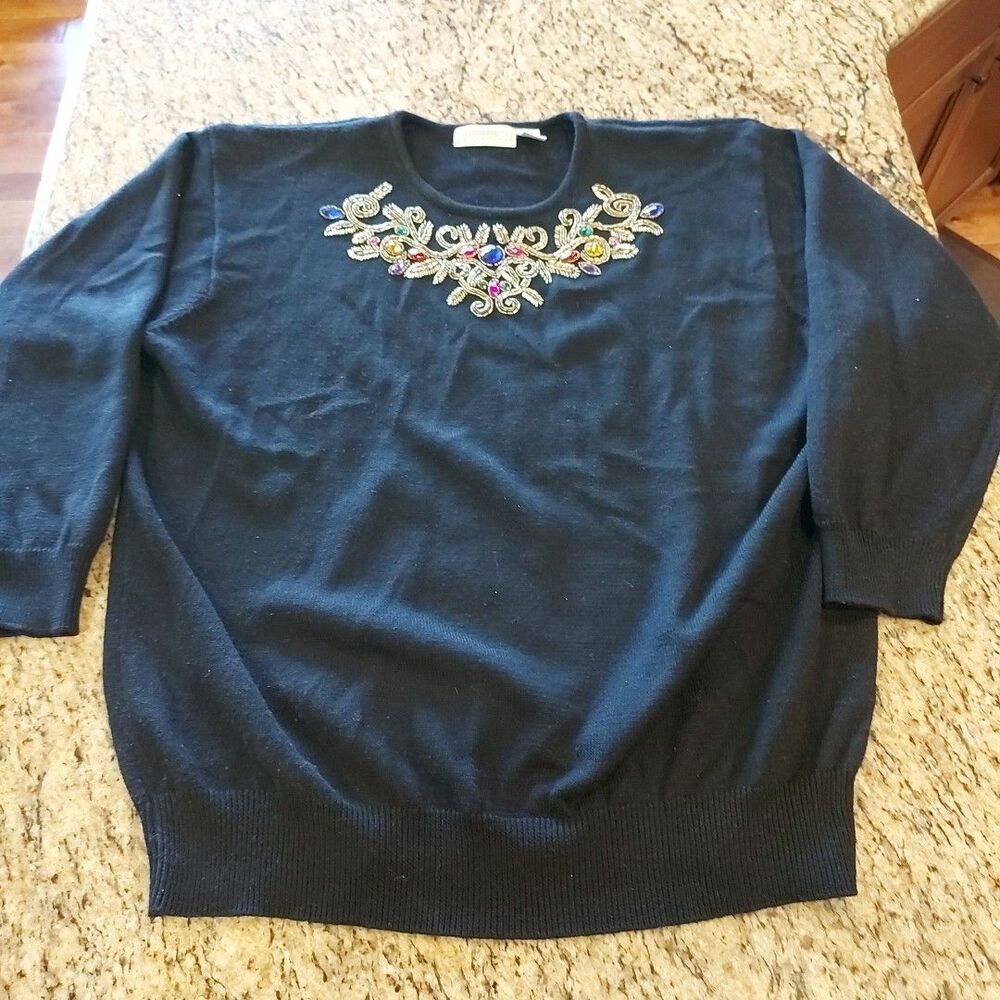 Vintage ELISABETH LIZ CLAIBORNE Grannycore Jewel Beaded Sweater Embroidered 1x